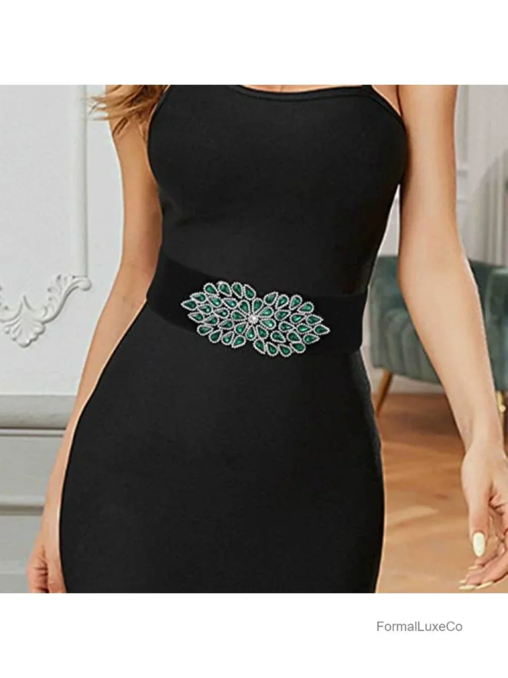 Rhinestone Stretch Belt Wide Formal Belt Women Fashion Elastic Dressy Waist
